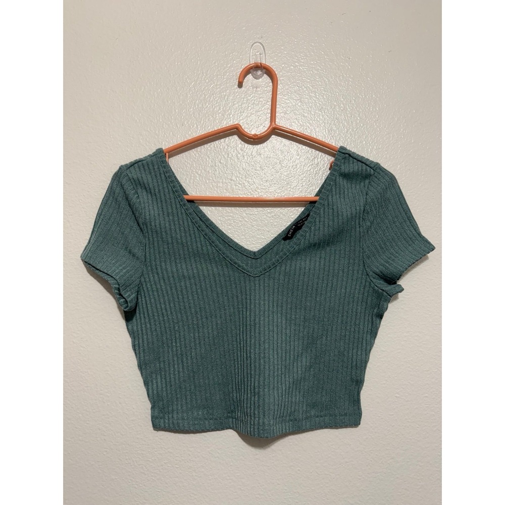 SHEIN Ribbed V Neck Cropped T Shirt Teal Green Size L